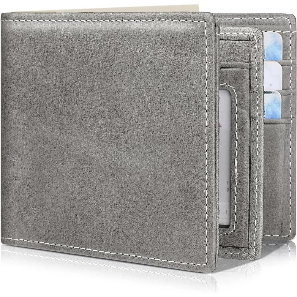 Men's Classic Holders Bifold Wallet Card Gray Genuine Leather 2 Cash Pockets